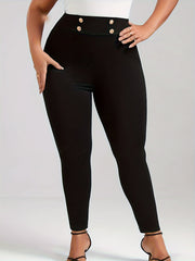  Solid Button High Rise Skinny Trousers