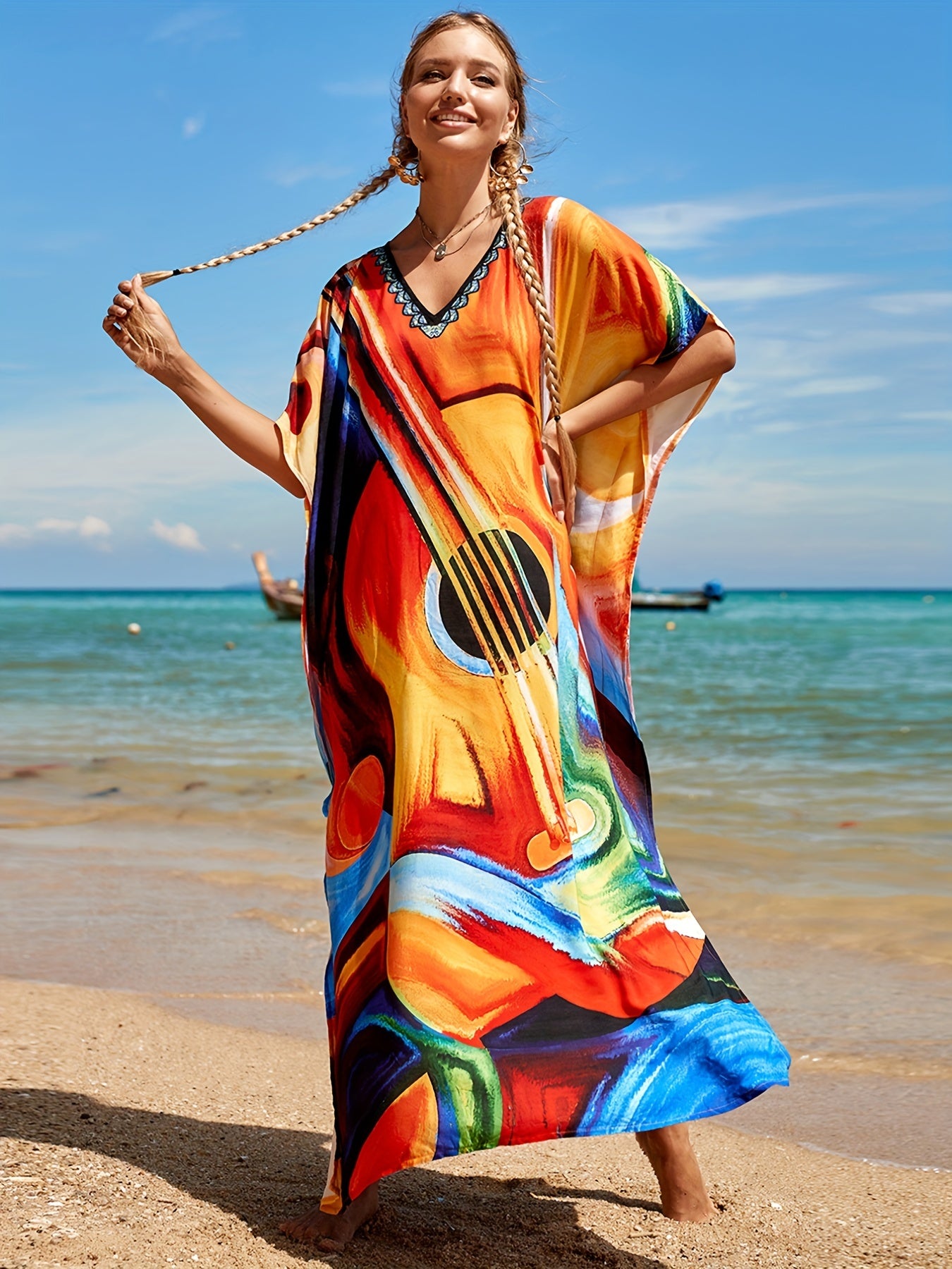  Boho Cover Up Women's Plus Abstract Guitar Print V Neck Side Split Cov