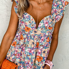 Floral Print Peplum Blouse Sweetheart Neck Casual Top