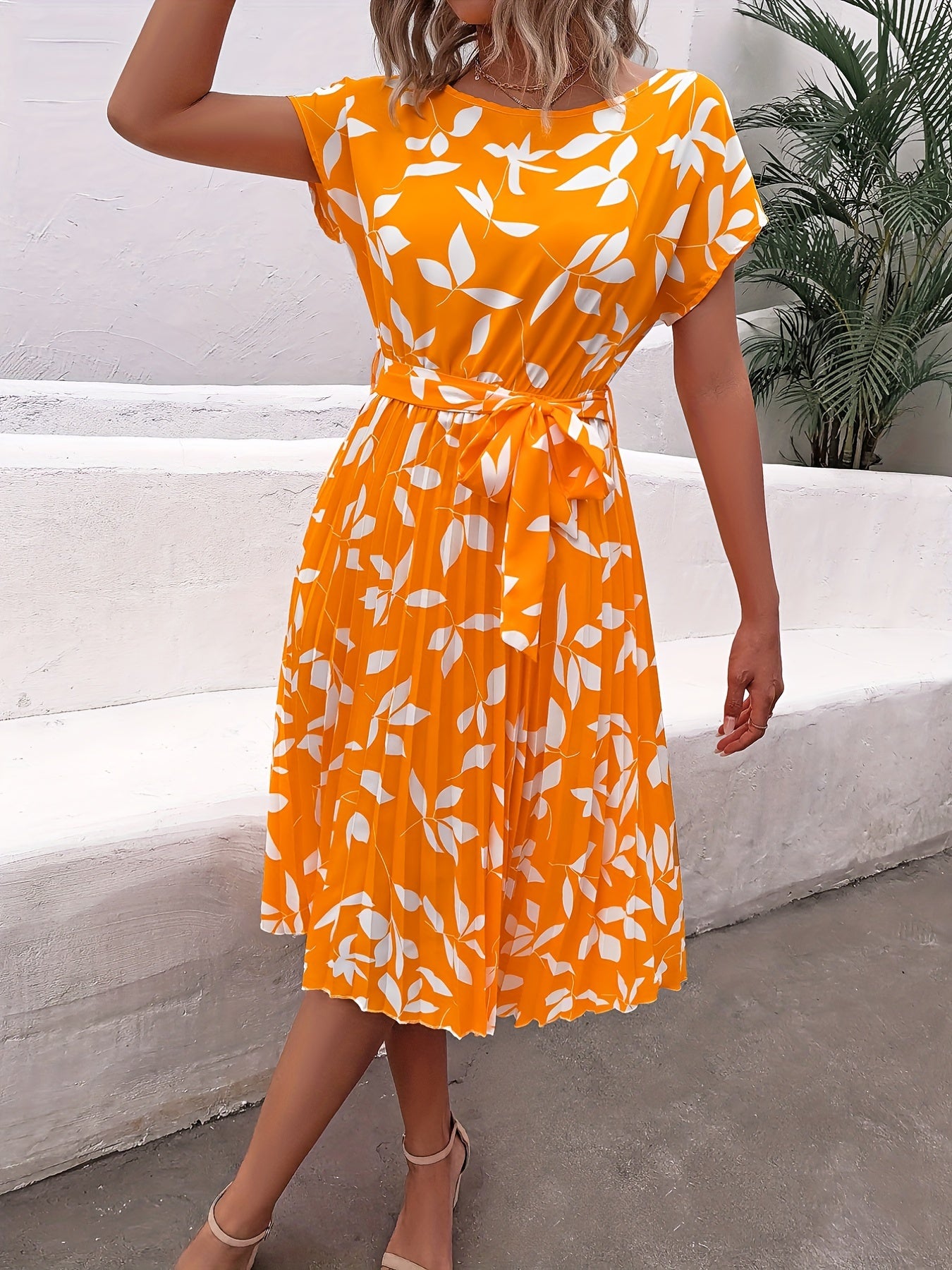 Floral Print Belted Dress Short Sleeve Casual Vacation Dress Spring & Summer