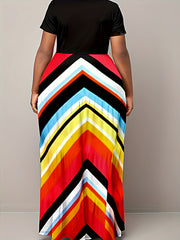  Colorblock Stripe Print Short Sleeve Maxi Dress