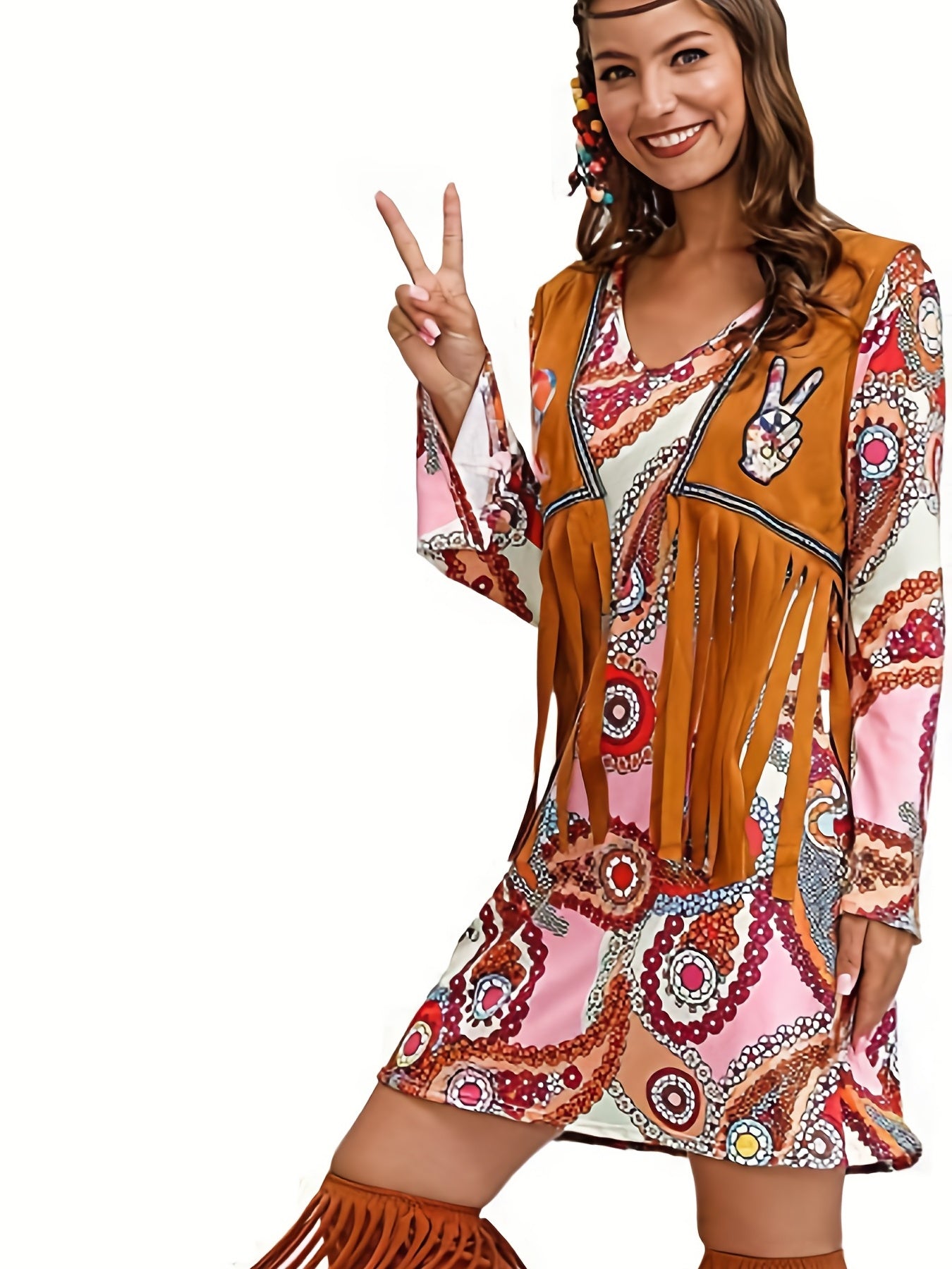 Paisley Print Vintage V Neck Long Sleeve Dress Women's Clothing