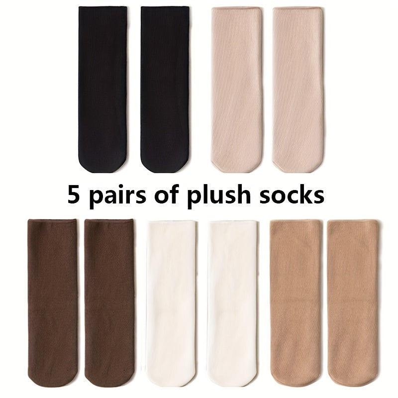 5 Pairs Plush Lined Socks Comfy Warm Ribbed Crew Socks Women's Stockings