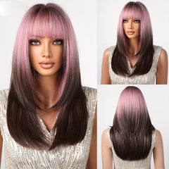 Ombre to Deep Brown Straight Hair with Bangs Wig for Women Girls