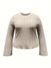 Solid Bell Sleeve Ribbed Knit Top