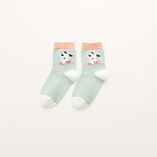 5 Pairs Girl's Cartoon Animals Knitted Socks Cotton Blend Crew Socks