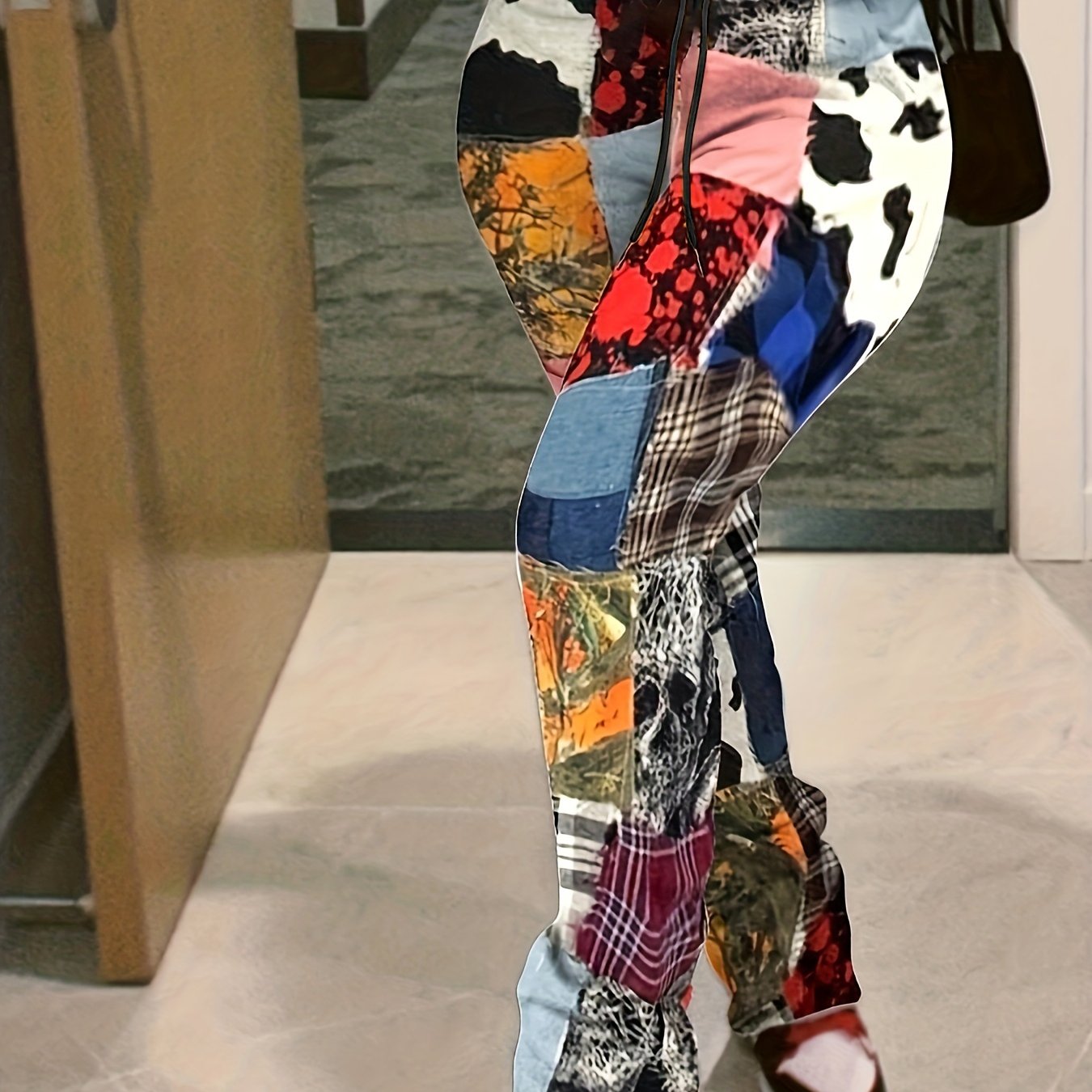  Patchwork Print Elastic Drawstring High Rise Pants