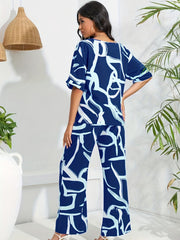 Abstract Print 2pc Set V Neck Half Sleeve Tops & Wide Leg Pants