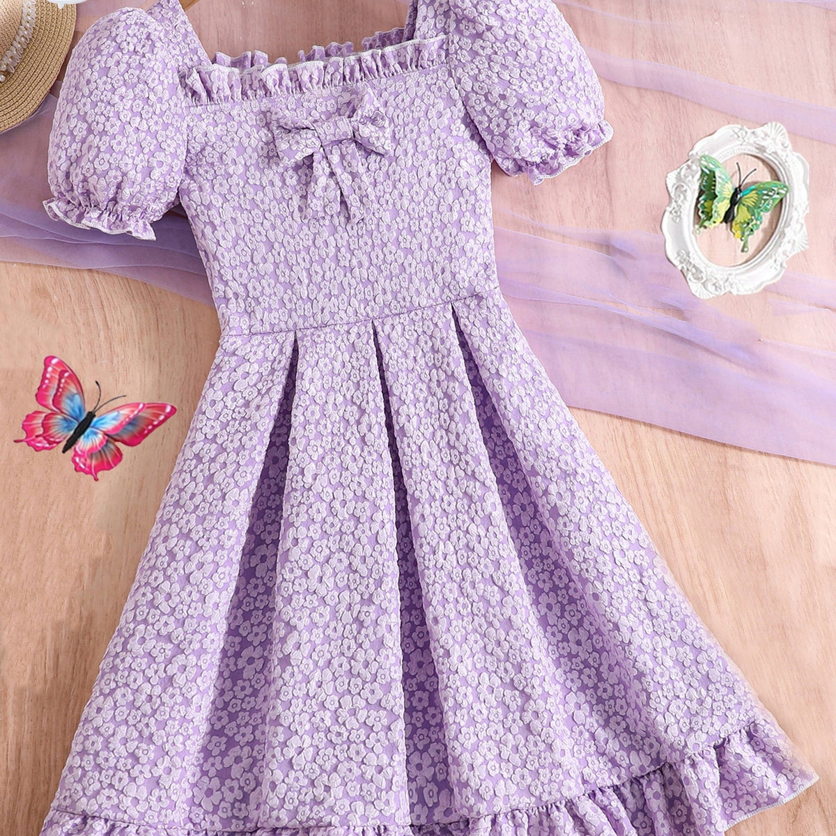 Girls' Floral Square Neck Pleated Tunic Dress Casual Party Holiday