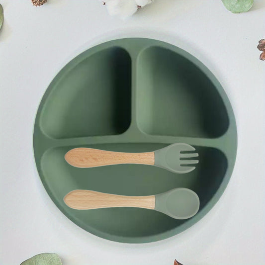 Baby Suction Plate With Self Feeding Spoon Fork BPA Infant Utensil Set