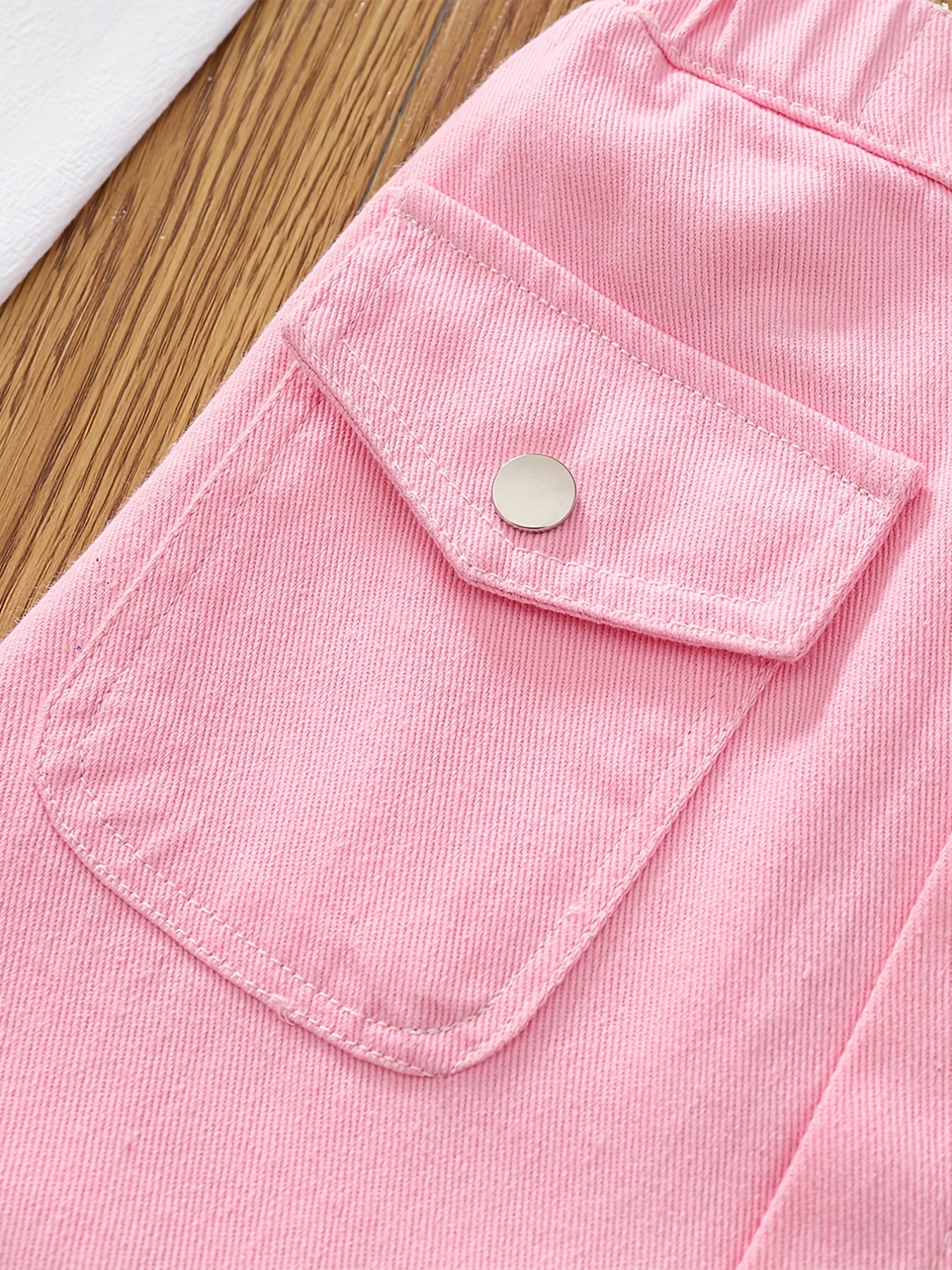 Girls' Button Pocket Short Denim Skirts Set - Casual & Stylish