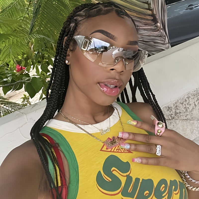 Y2K Shield Sunglasses Rhinestone Silver Brown Travel Style Hot Girl Summer