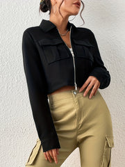 Zipper Solid Jacket Turn Down Collar Long Sleeve Outerwear