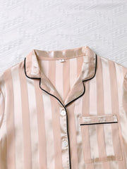 Striped Satin Lounge Set Short Sleeve Top & Pants Women's Loungewear
