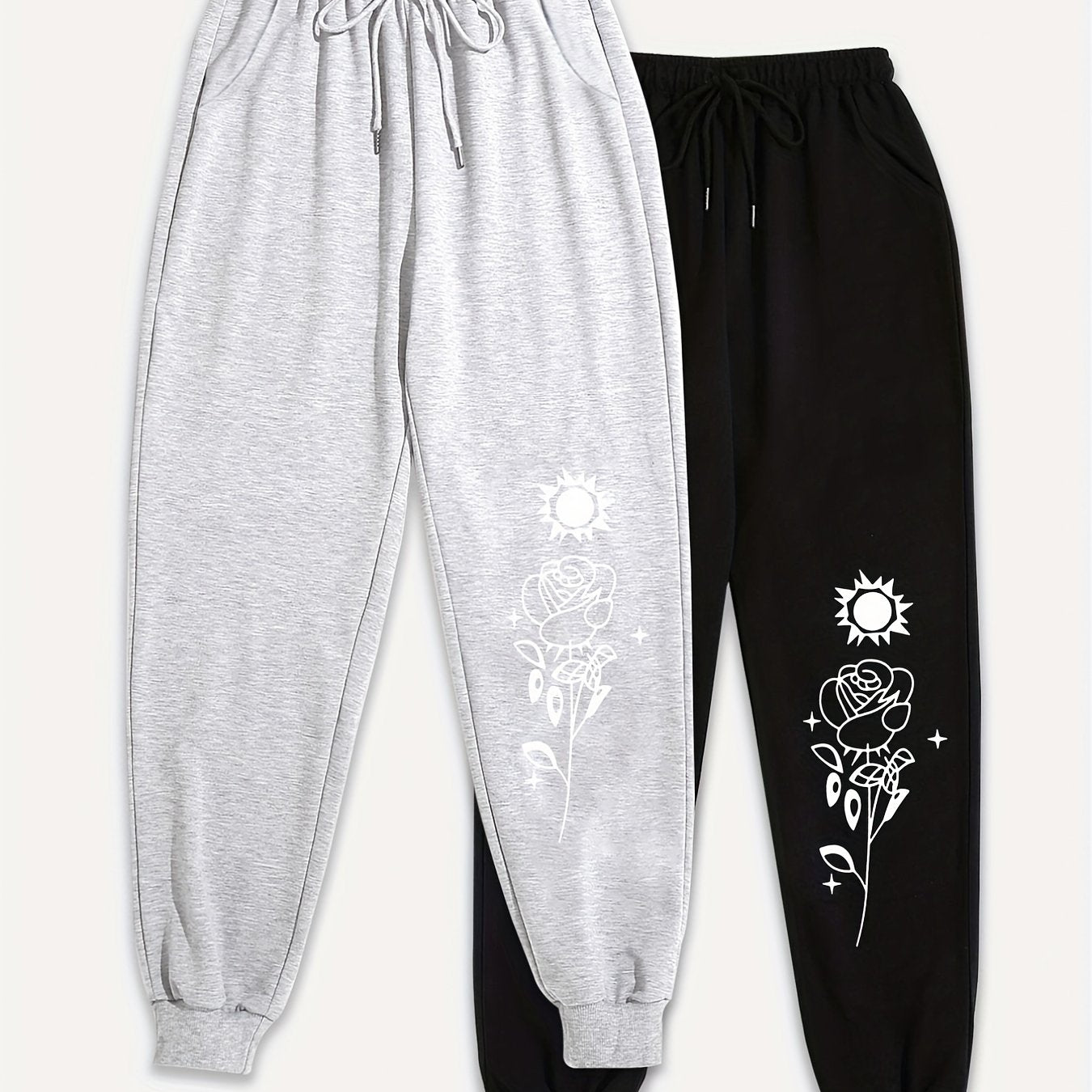 2 Pcs Plus Size Floral & Sun Print Elastic Drawstring Jogger Sweatpants Set