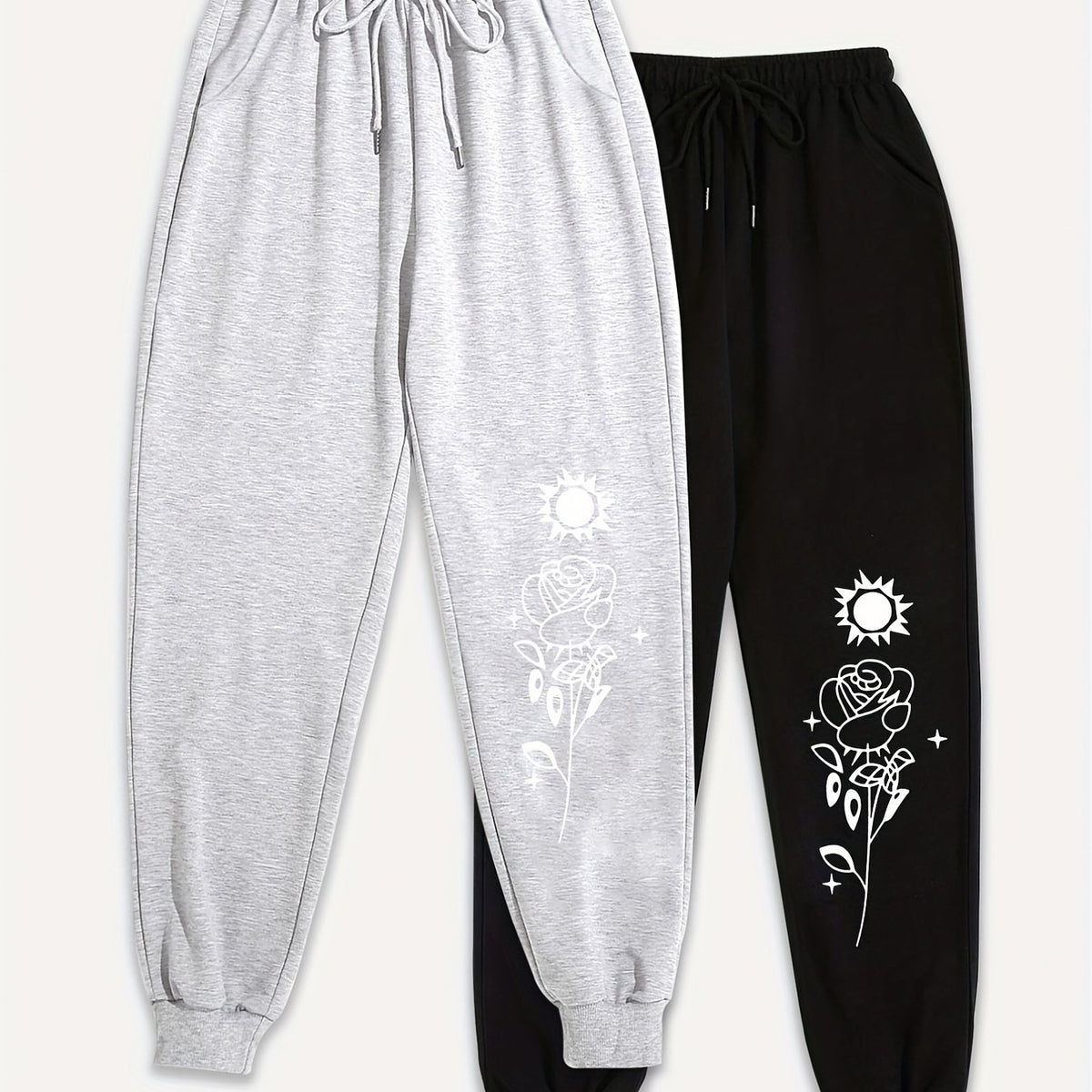 2 Pcs Plus Size Floral & Sun Print Elastic Drawstring Jogger Sweatpants Set