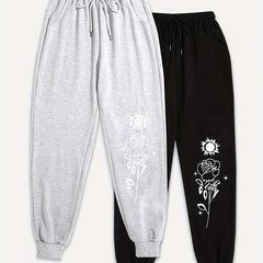 2 Pcs Plus Size Floral & Sun Print Elastic Drawstring Jogger Sweatpants Set