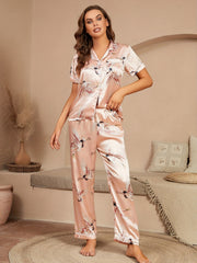 Crane Print Pajama Set Short Sleeve Button Up Top & Elastic Waistband Pants