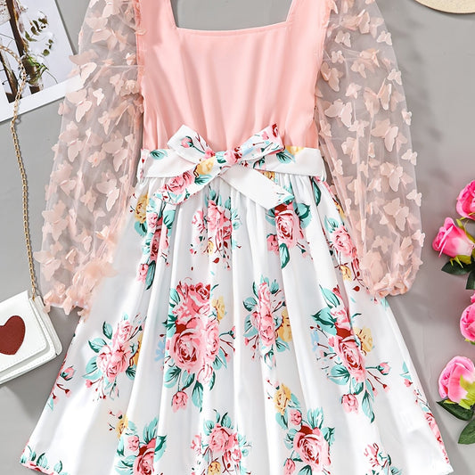 Girls Butterfly Lace Sleeve Floral Princess Dress For Party Vacation
