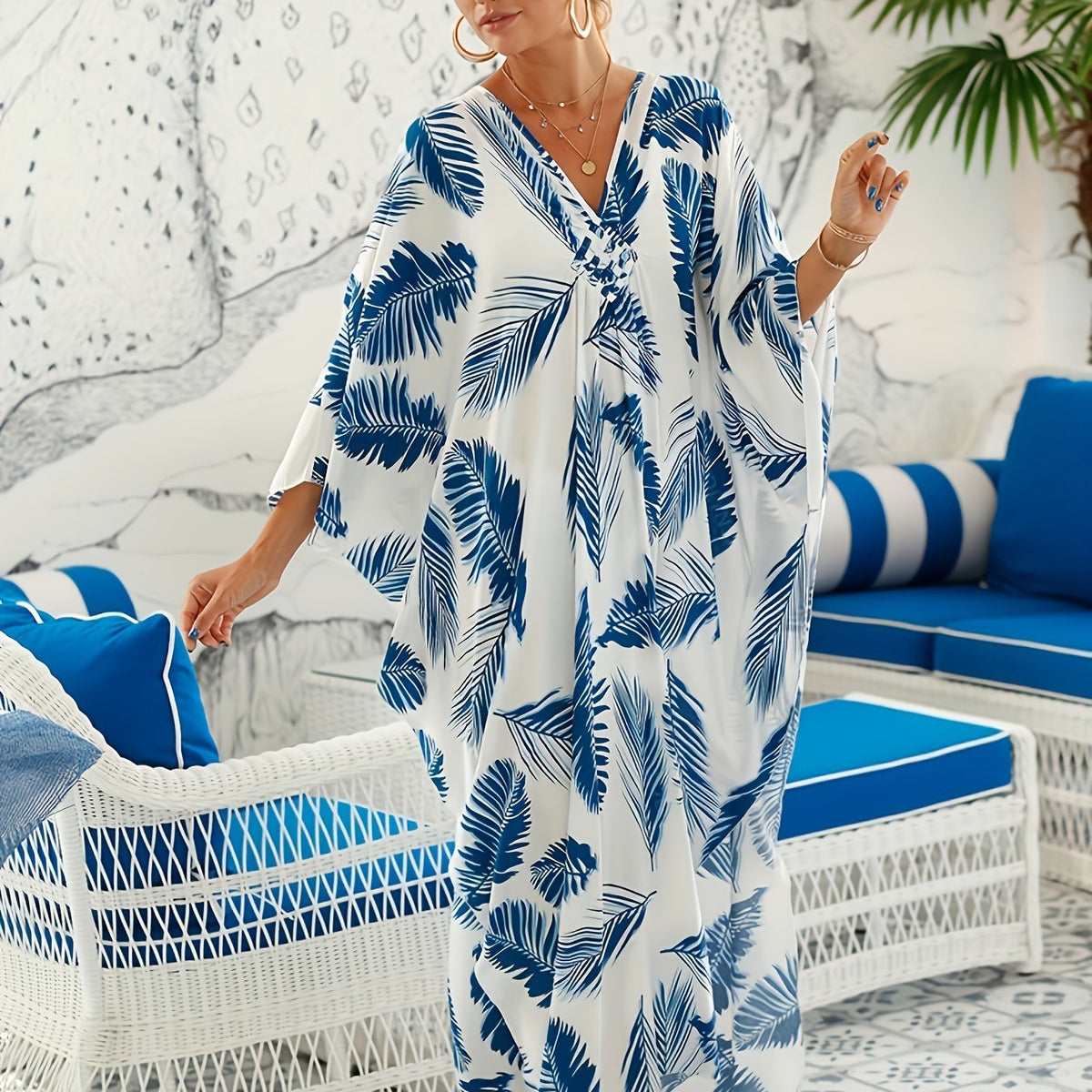  Leaf Print Cover Up Dress V Neck Bat Sleeve Vacation Wear