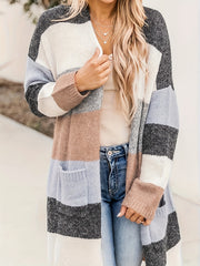  Colorblock Open Front Cardigan With Pockets