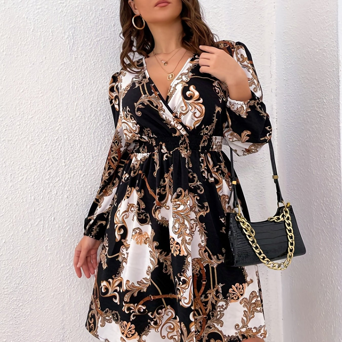 Baroque Print Lantern Sleeve Dress