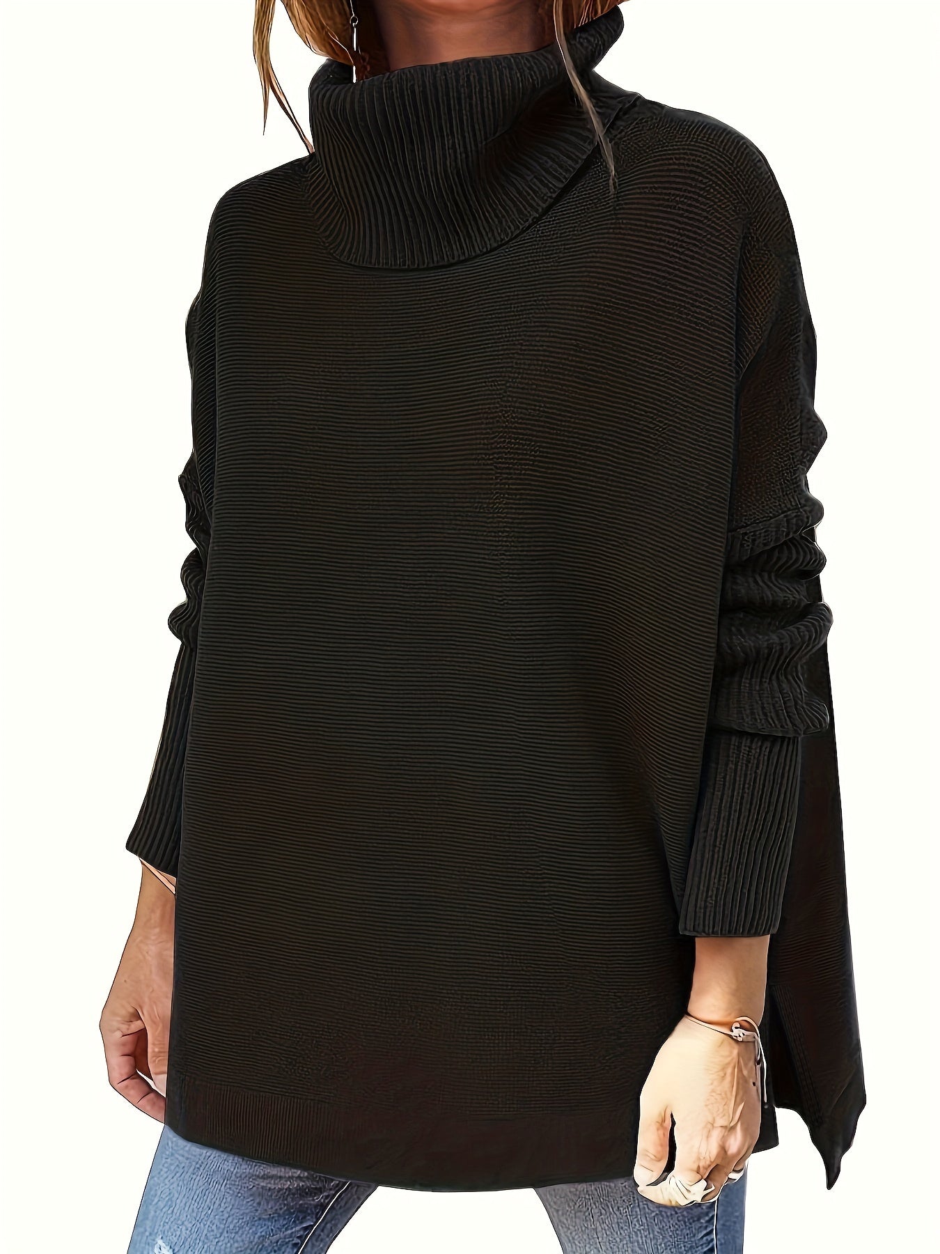  Solid Batwing Sleeve High Neck Sweater