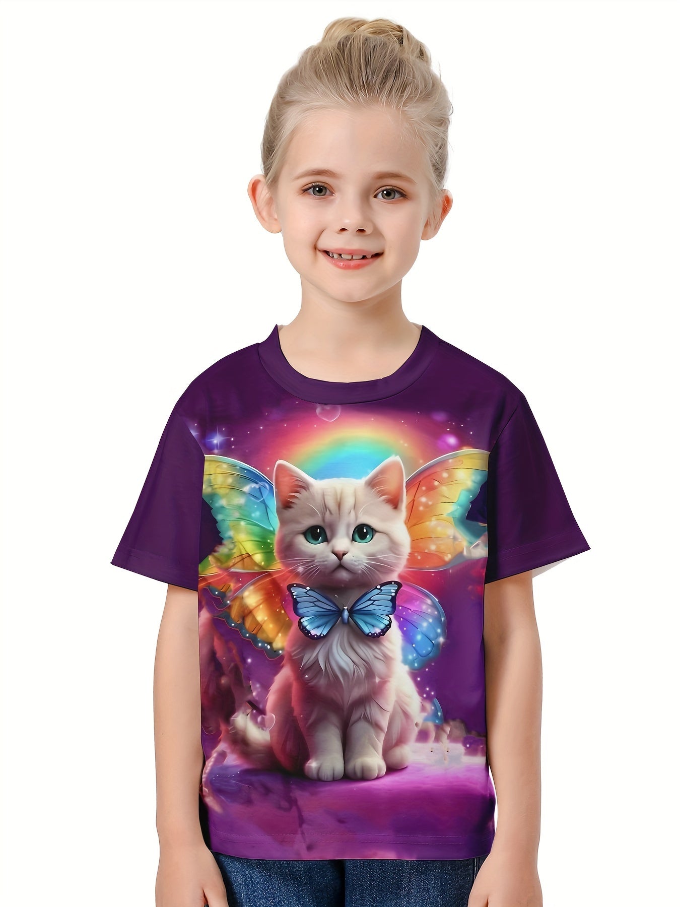 3D Rainbow Cat With Wings Print T shirt for Summer Sports