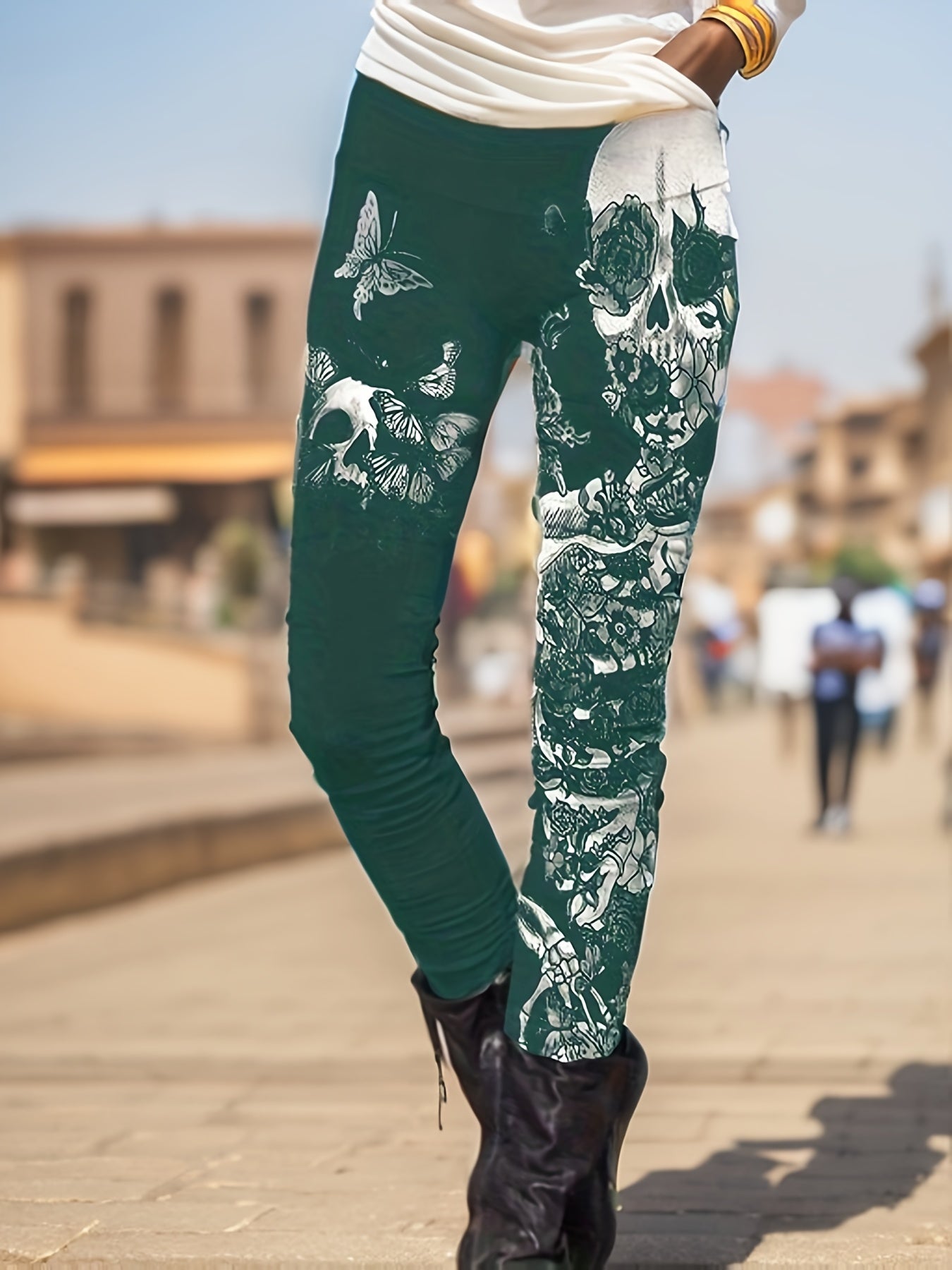  Skull & Floral Print High Rise Gothic Leggings
