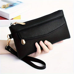 Soft PU Leather Clutch Handbag Zipper Closure Wristlet Strap