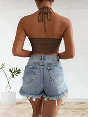 Cross Front Halter Crop Top Tie Back Summer Sleeveless