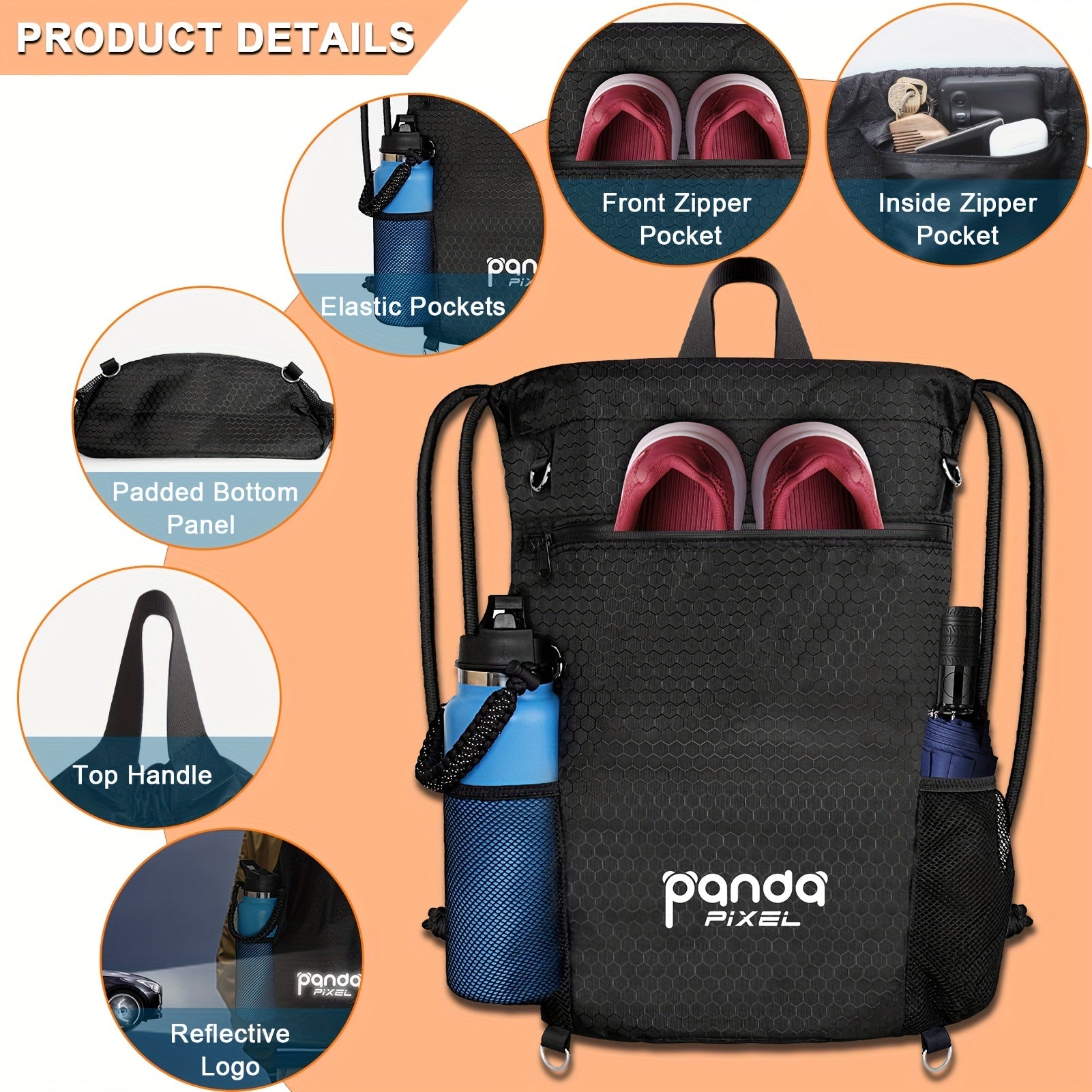 Honeycomb Pattern Drawstring Backpack Water Resistant Gym Bag