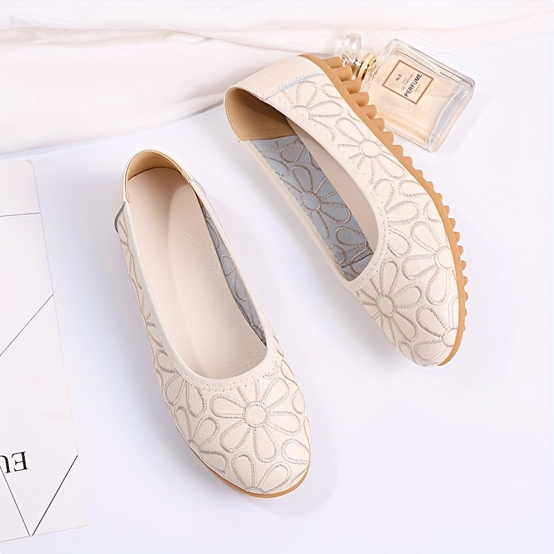 Floral Embroidered Flat Loafers Slip On Soft Sole Casual Walking Flats