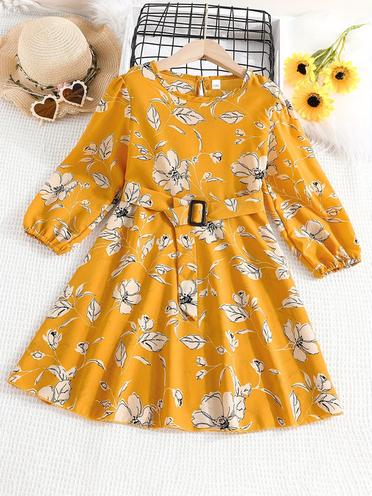 Floral Print Flounce Sleeve Belted Dress