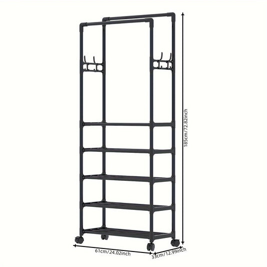 Double Pole Coat Rack Movable 5 Layer Clothes Rack