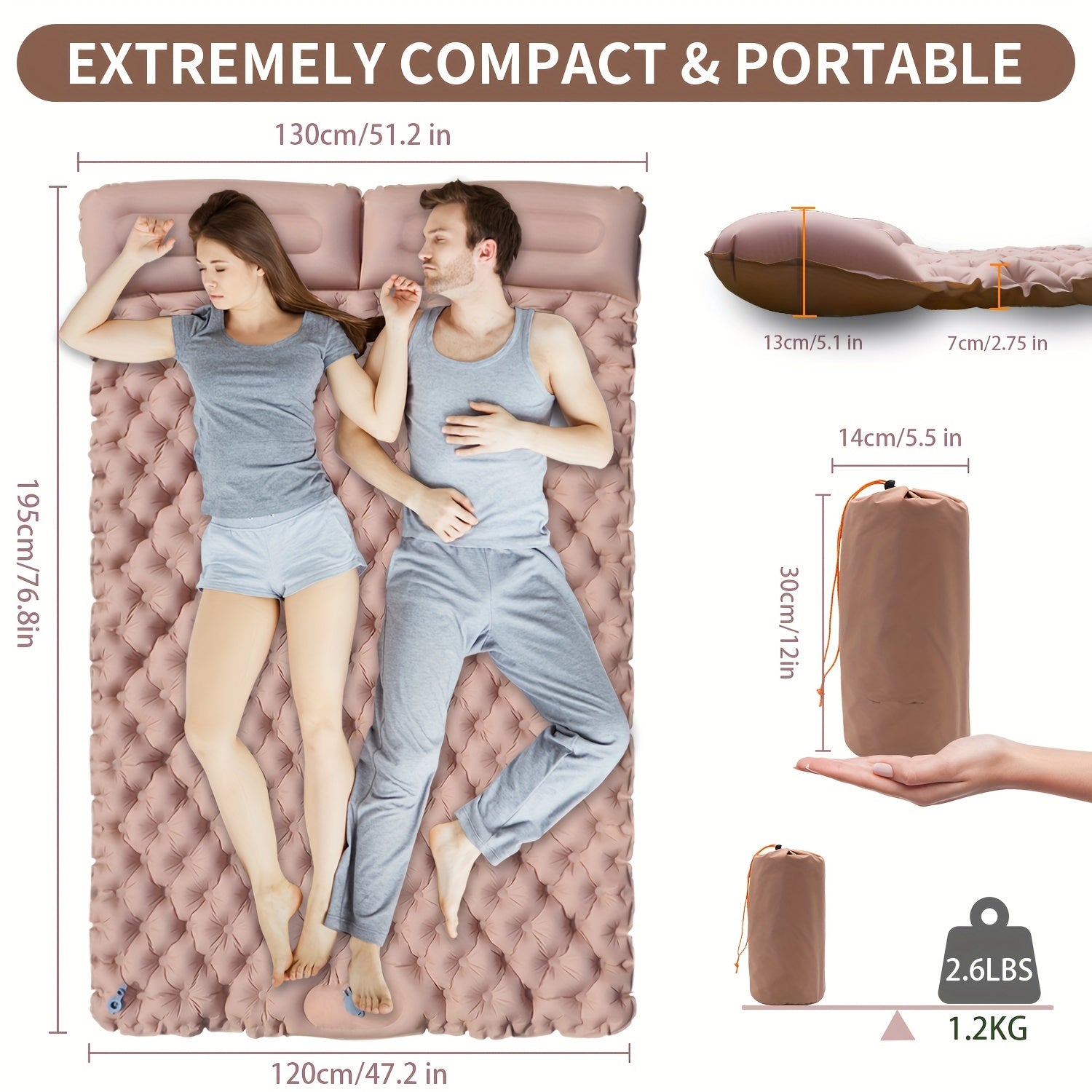2-Person Sleeping Pad w/ Built-in Pump - Portable Inflatable Mat