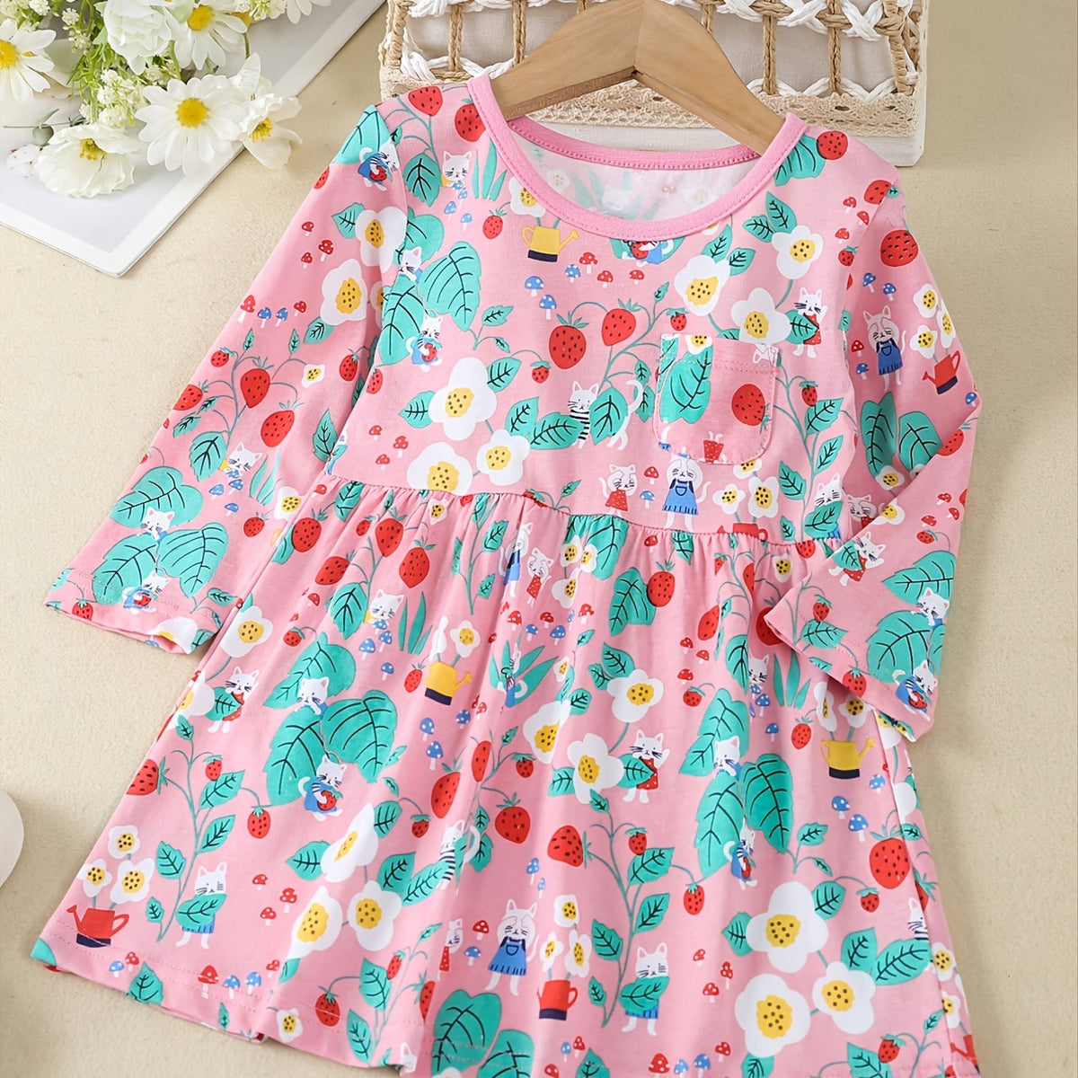 Girls Casual Cartoon Print Cotton Long Sleeve Dress