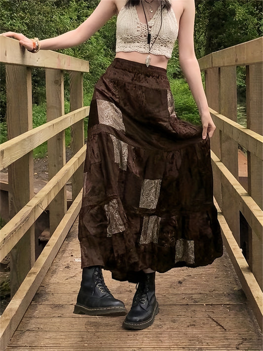 Colorblock Geometric Pattern Tiered Skirt Vintage Style Spring Summer Women's