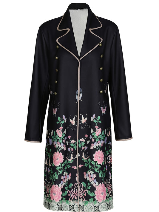 Floral Print Mid Length Coat Lapel Long Sleeve Button Coat