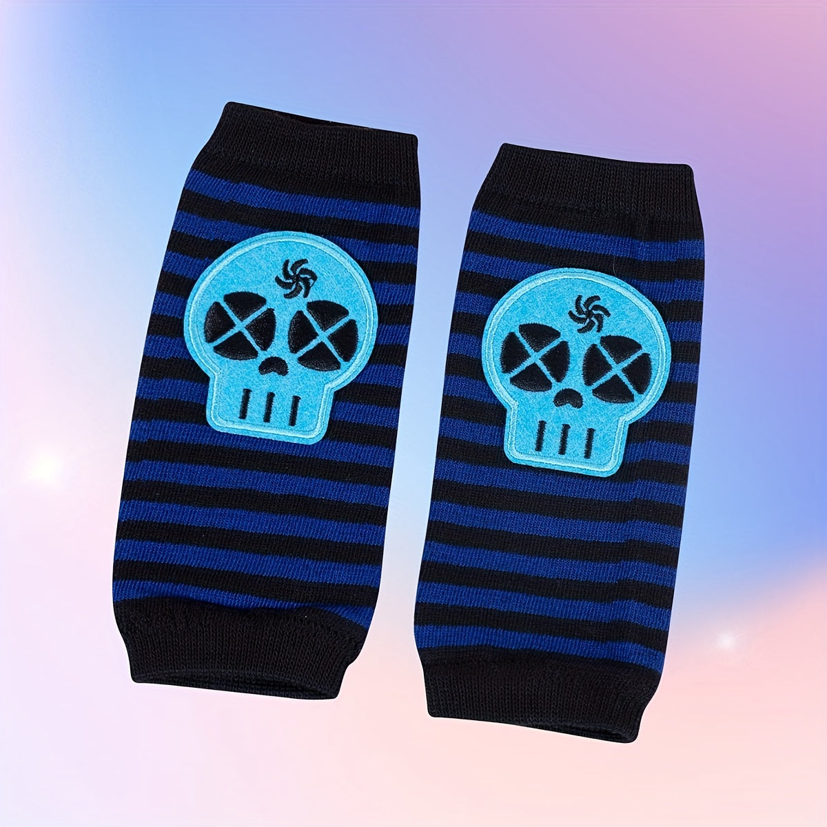 Skull Embroidered Striped Fingerless Gloves