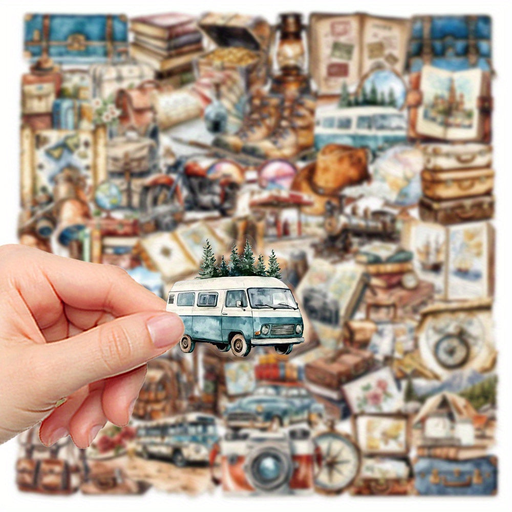 50pcs Vintage Travel Diary Stickers - Suitcase Map Compass Camera Designs