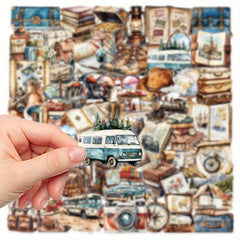 50pcs Vintage Travel Diary Stickers - Suitcase Map Compass Camera Designs