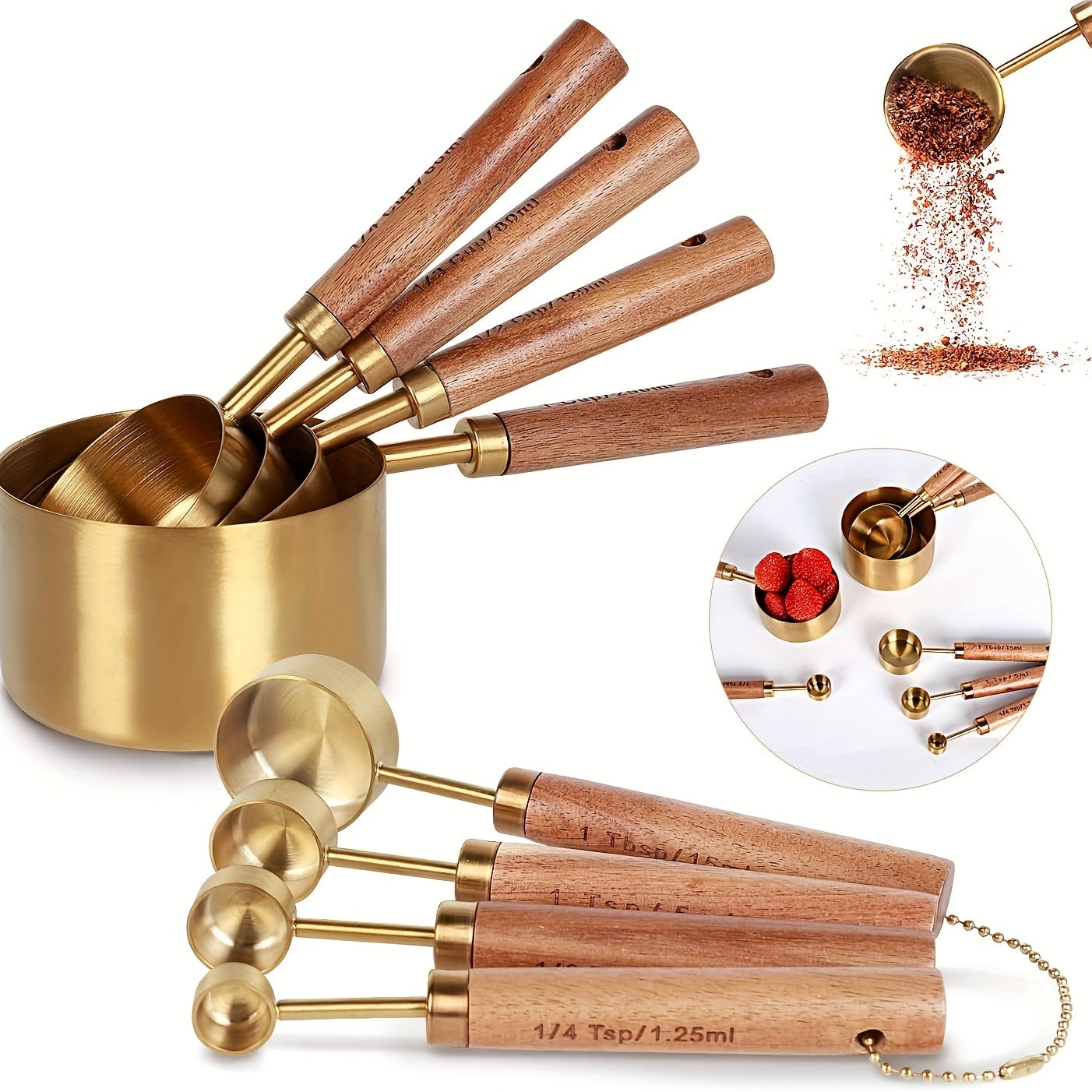 8pcs Golden Measuring Cup Set & Spoon with Wood Handle