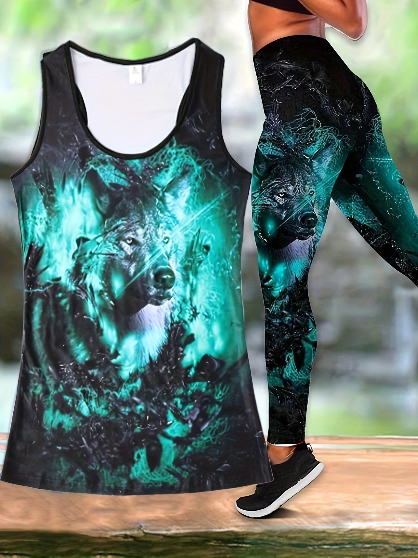 Wolf & Flower Print Two piece Set Casual Sleeveless Tank Top & Skinny Leggings