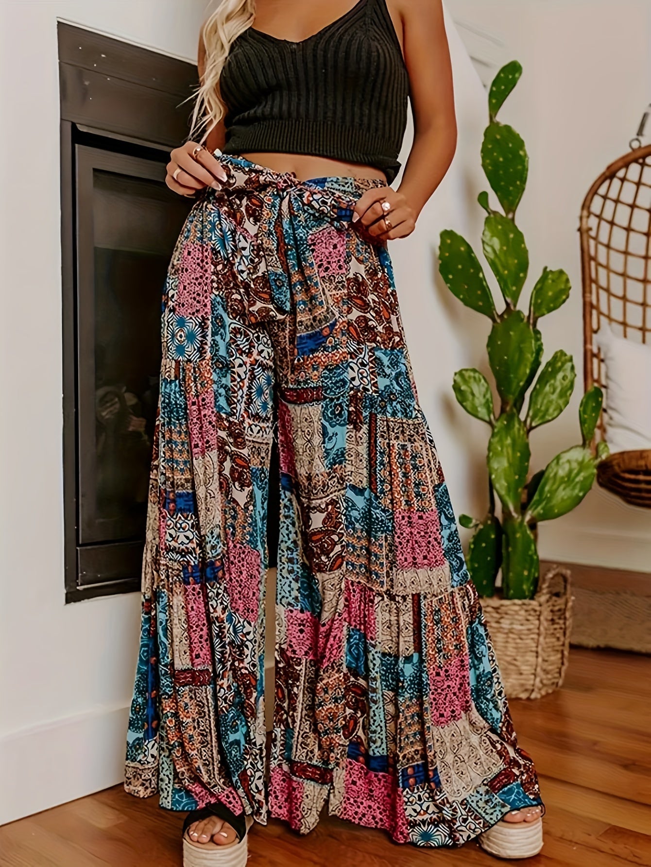  Patchwork Print Knot Front Wide Leg Trousers