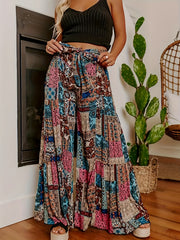  Patchwork Print Knot Front Wide Leg Trousers