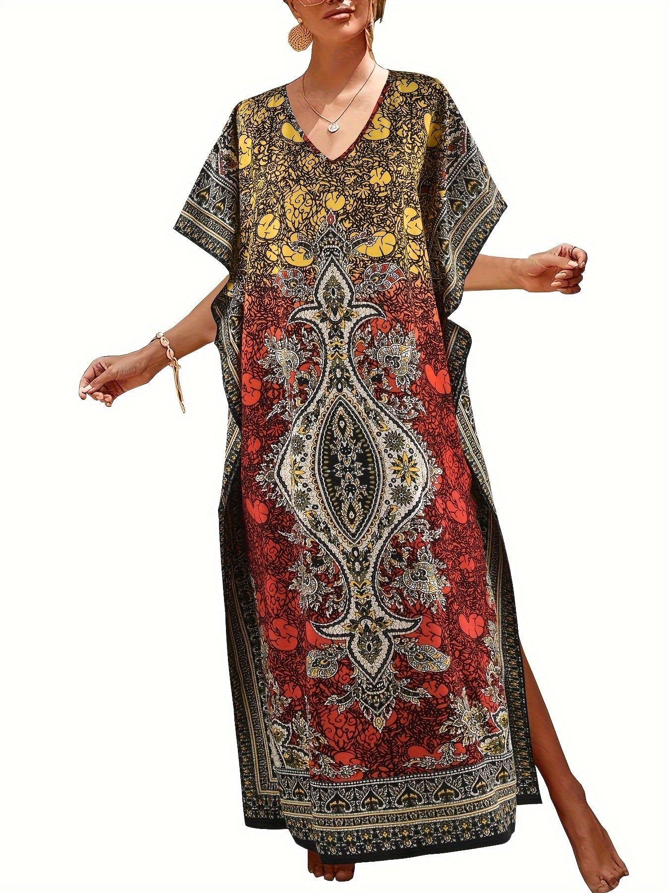  Boho Kaftan Dress Women's Plus Tribal Print Batwing Sleeve V Neck Maxi