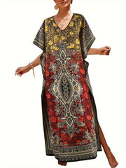  Boho Kaftan Dress Women's Plus Tribal Print Batwing Sleeve V Neck Maxi