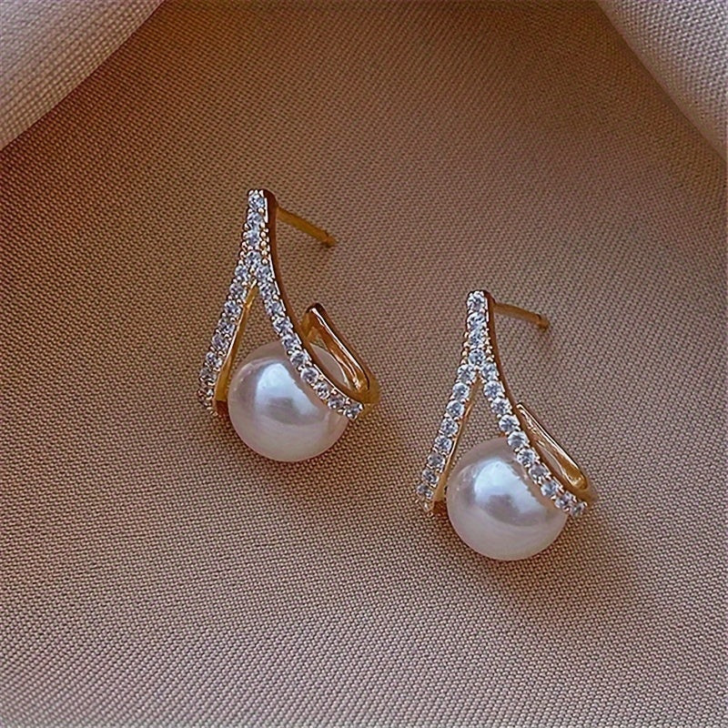 A Shaped Diamond Pearl Earrings - Wedding Party Christmas Earrings