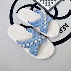 Women's Pearl Decor Sandals Open Toe Cross Strap Slip On Slippers